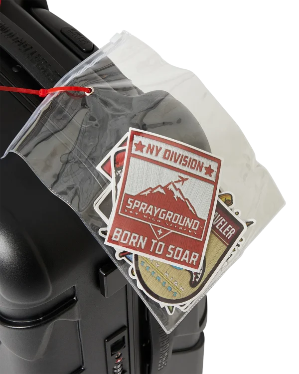 THE JOURNEY BEGINS SHARKITECTURE CARRY-ON LUGGAGE BLACK WITH EXTRA STICKERS