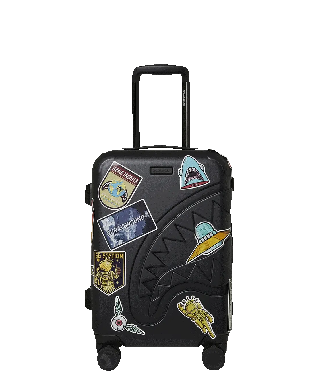 THE JOURNEY BEGINS SHARKITECTURE CARRY-ON LUGGAGE BLACK WITH EXTRA STICKERS