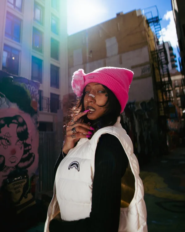PINK LIL BEAR PUFF BEANIE